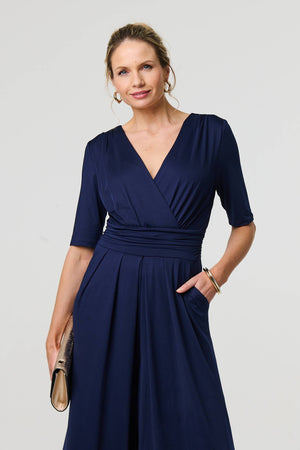 Navy | 1/2 Sleeve Wrap Waist Wide Leg Jumpsuit
