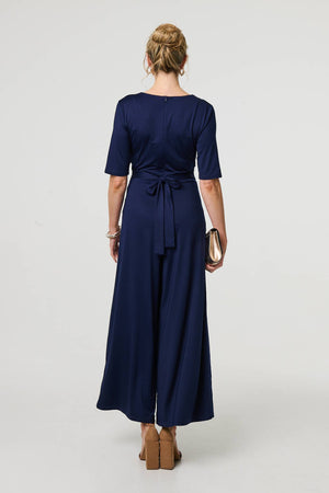 Navy | 1/2 Sleeve Wrap Waist Wide Leg Jumpsuit
