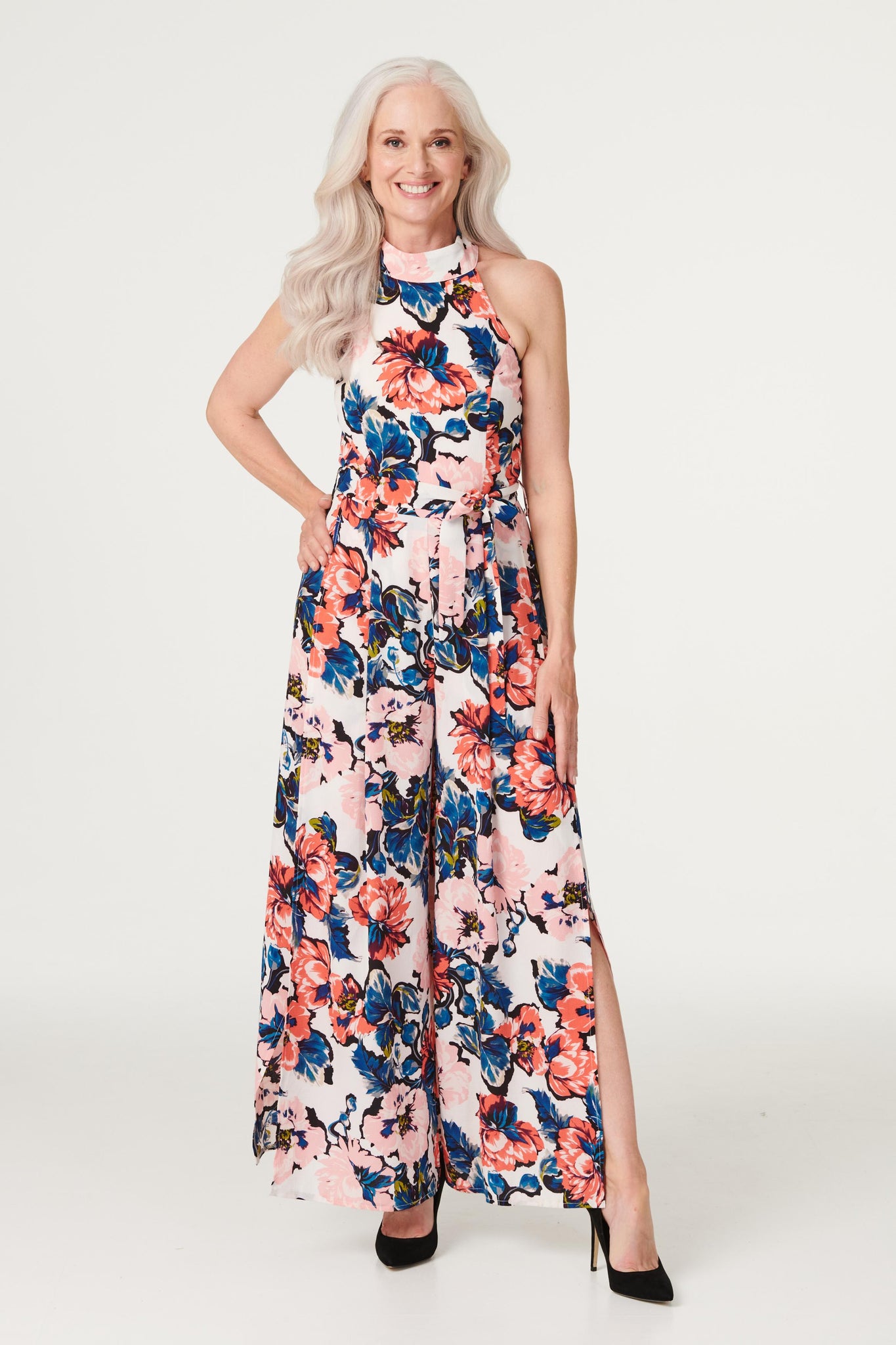 Pink | Floral High Tie Neck Jumpsuit