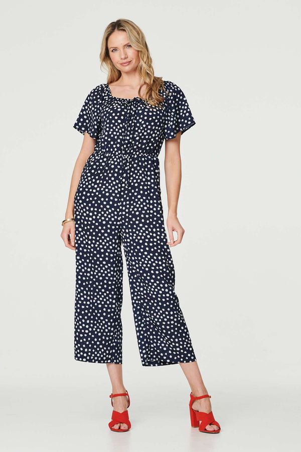 Navy | Polka Dot Print Angel Sleeve Jumpsuit