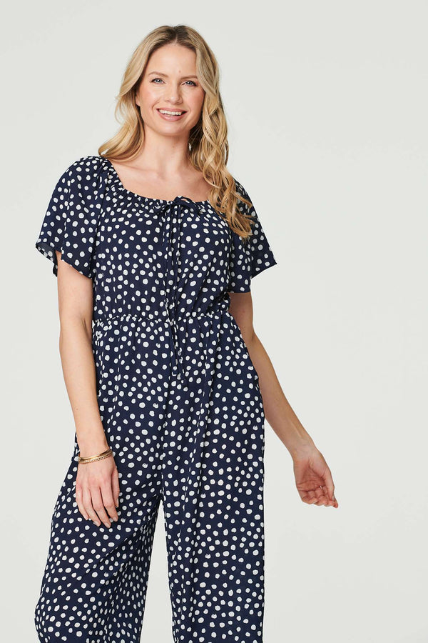 Navy | Polka Dot Print Angel Sleeve Jumpsuit