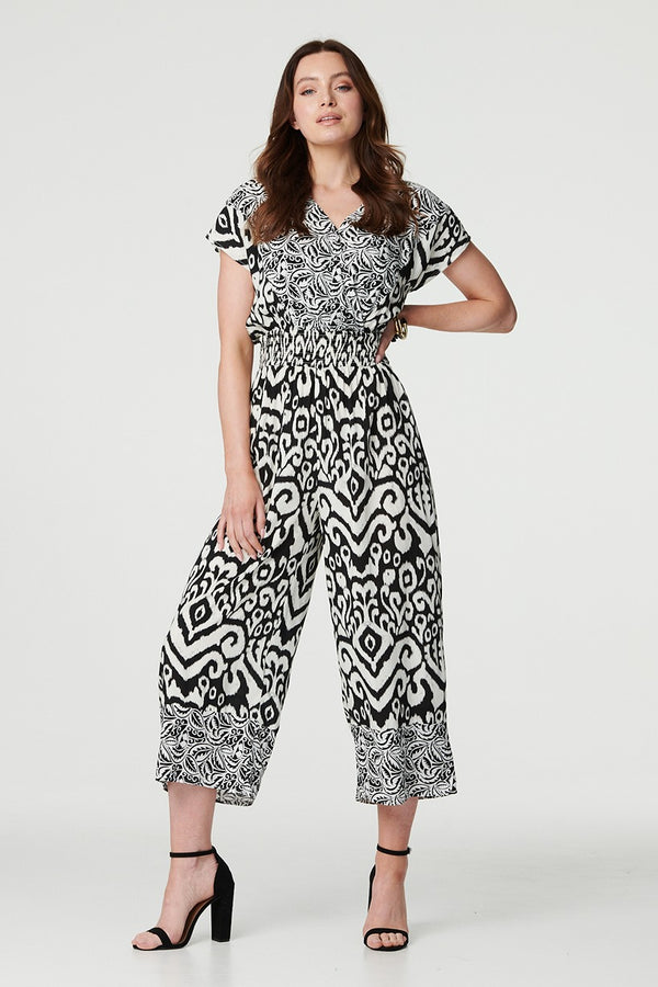 White | Ikat Print Shirred Waist Jumpsuit