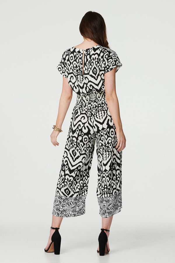 White | Ikat Print Shirred Waist Jumpsuit