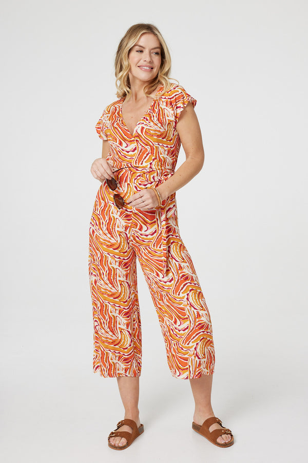 Orange | Printed Tie Waist Cropped Jumpsuit : Model is 5'10"/178 cm and wears UK8/EU36/US4/AUS8