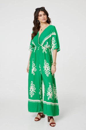 Green | Printed 3/4 Sleeve Jumpsuit