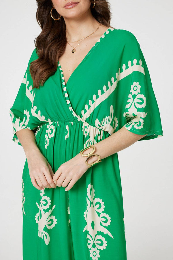 Green | Printed 3/4 Sleeve Jumpsuit
