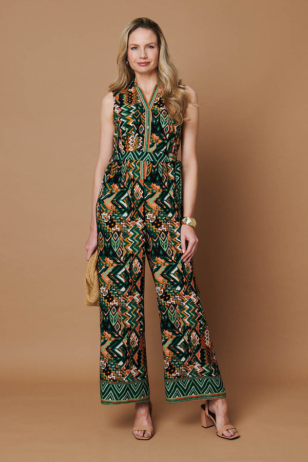 Green | Abstract Sleeveless Tie Waist Jumpsuit