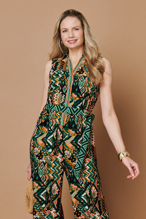 Green | Abstract Sleeveless Tie Waist Jumpsuit