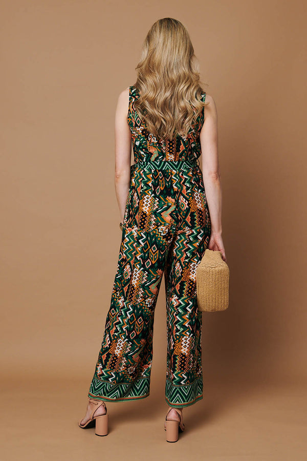 Green | Abstract Sleeveless Tie Waist Jumpsuit