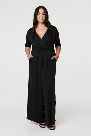 Black | Curve 1/2 Sleeve Wrap Wide Leg Jumpsuit
