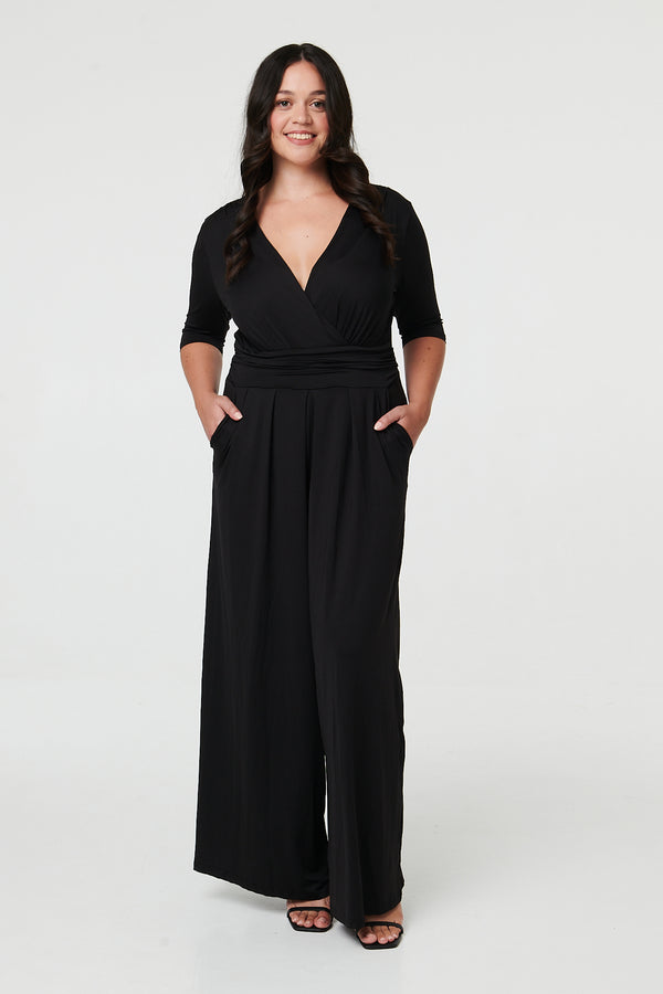 Black | Curve 1/2 Sleeve Wrap Wide Leg Jumpsuit
