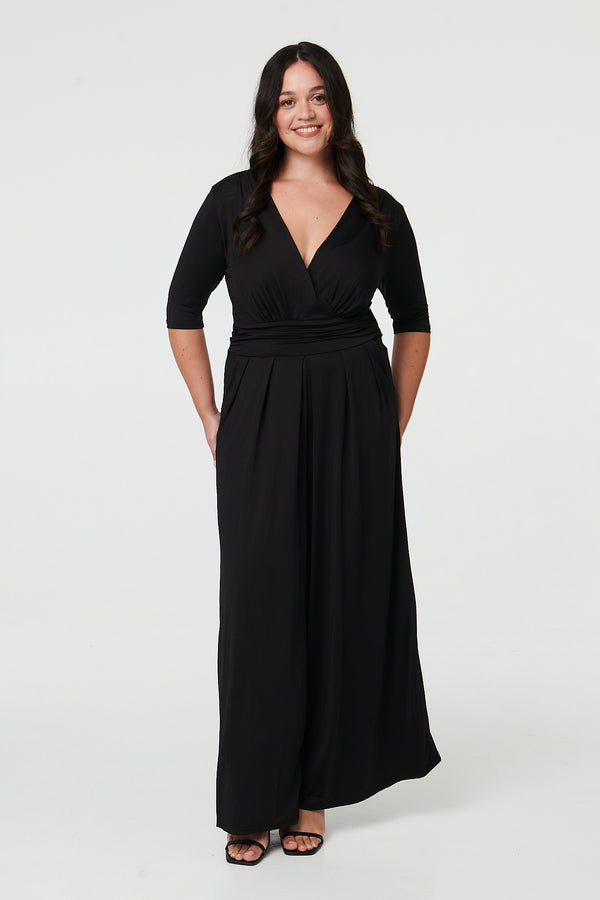 Black | Curve 1/2 Sleeve Wrap Wide Leg Jumpsuit
