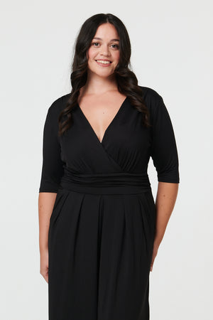 Black | Curve 1/2 Sleeve Wrap Wide Leg Jumpsuit
