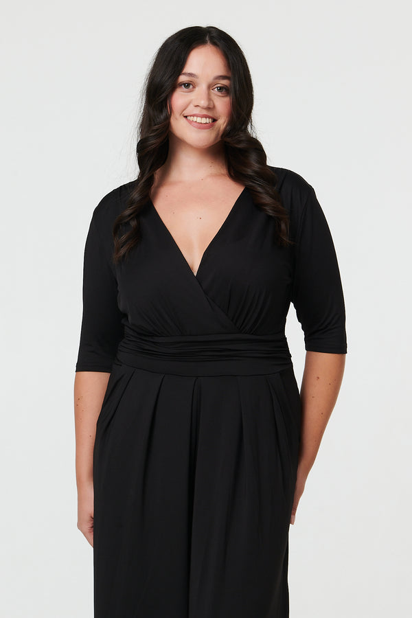 Black | Curve 1/2 Sleeve Wrap Wide Leg Jumpsuit

