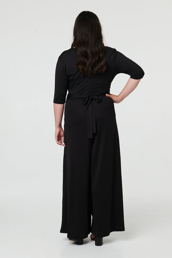 Black | Curve 1/2 Sleeve Wrap Wide Leg Jumpsuit

