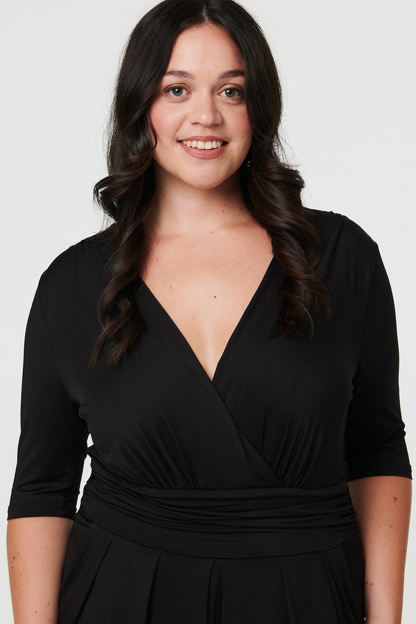 Black | Curve 1/2 Sleeve Wrap Wide Leg Jumpsuit
