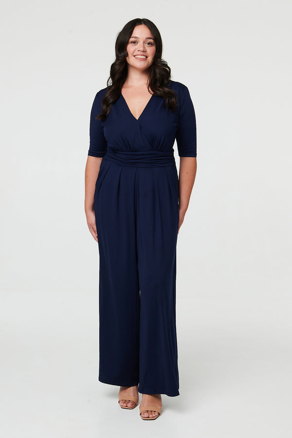 Navy | Curve 1/2 Sleeve Wrap Wide Leg Jumpsuit
