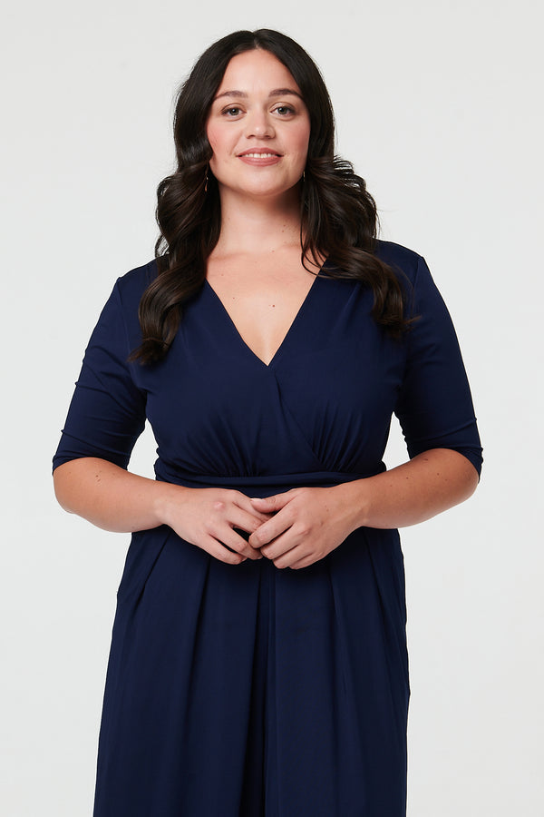 Navy | Curve 1/2 Sleeve Wrap Wide Leg Jumpsuit
