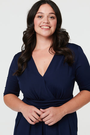 Navy | Curve 1/2 Sleeve Wrap Wide Leg Jumpsuit

