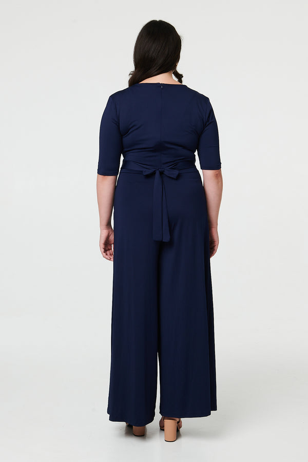 Navy | Curve 1/2 Sleeve Wrap Wide Leg Jumpsuit
