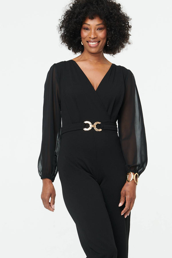 Black | Semi Sheer Long Sleeve V-Neck Jumpsuit