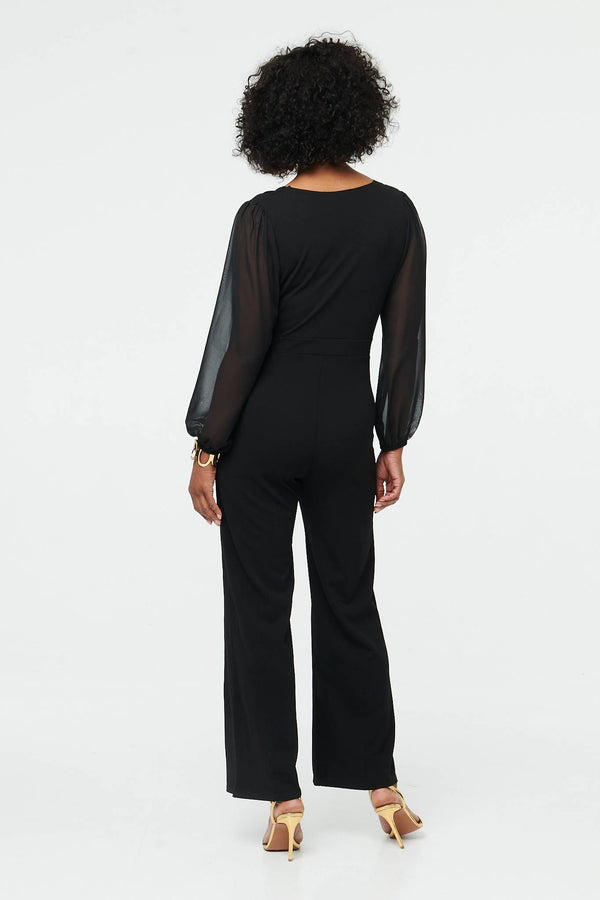Black | Semi Sheer Long Sleeve V-Neck Jumpsuit