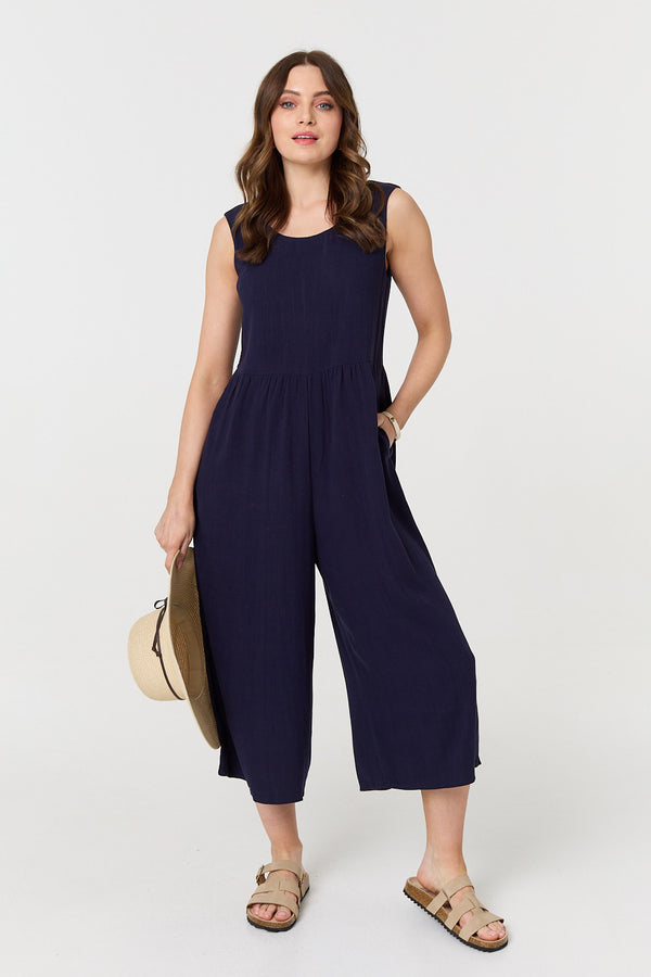 Navy | Relaxed Sleeveless Wide Crop Jumpsuit
