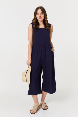 Navy | Relaxed Sleeveless Wide Crop Jumpsuit : Model is 5'9
