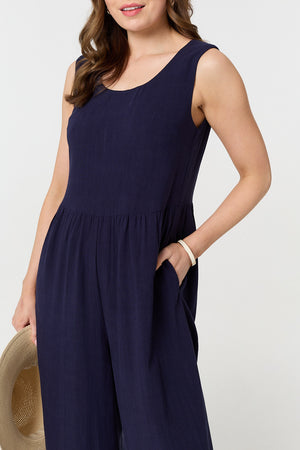Navy | Relaxed Sleeveless Wide Crop Jumpsuit
