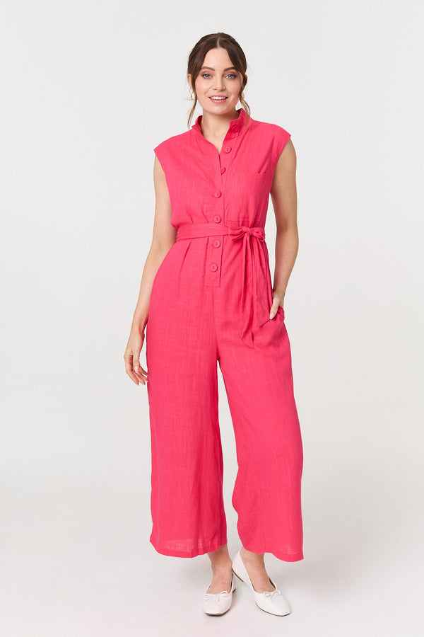 Pink | Sleeveless Tie Waist Button-Up Jumpsuit
