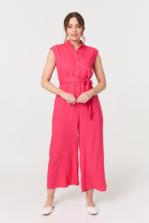 Pink | Sleeveless Tie Waist Button-Up Jumpsuit
