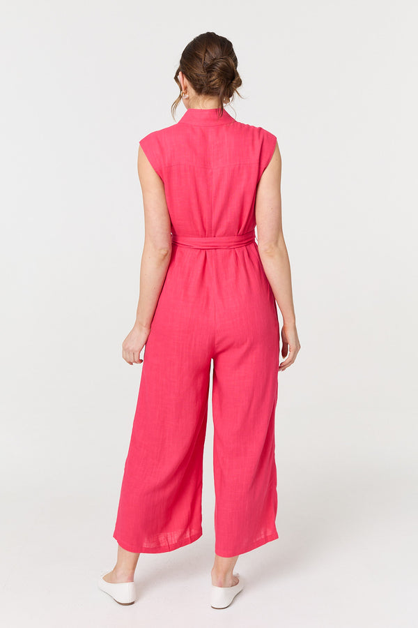 Pink | Sleeveless Tie Waist Button-Up Jumpsuit
