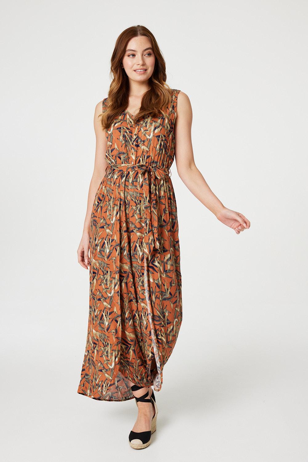 Orange | Leaf Print Sleeveless Jumpsuit