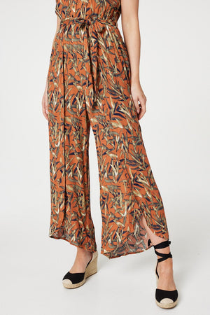 Orange | Leaf Print Sleeveless Jumpsuit