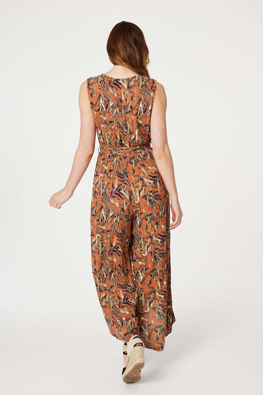 Orange | Leaf Print Sleeveless Jumpsuit