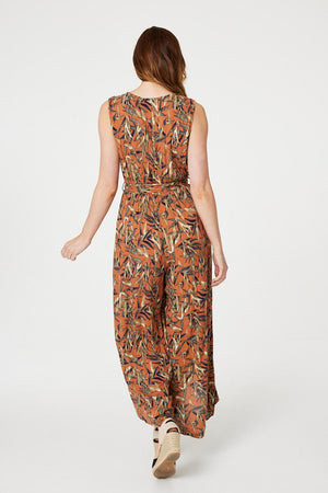 Orange | Leaf Print Sleeveless Jumpsuit