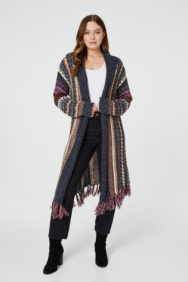 Grey | Fair Isle Open Front Knit Cardigan