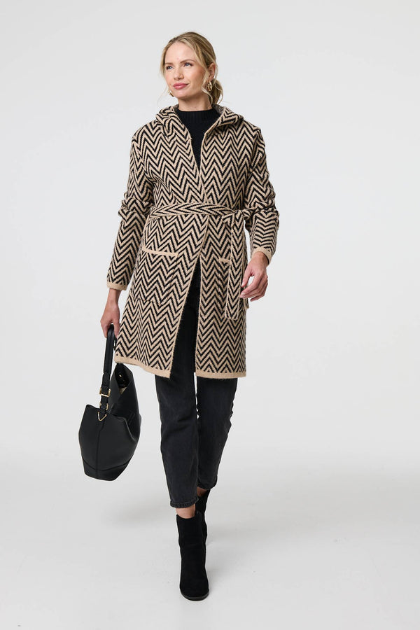 Beige | Chevron Print Tie Waist Hooded Coatigan
