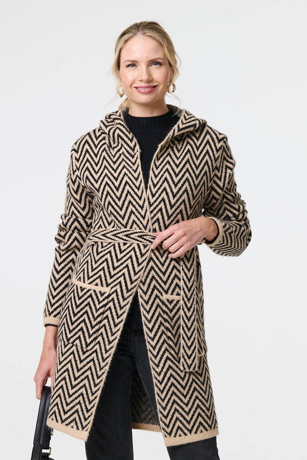 Beige | Chevron Print Tie Waist Hooded Coatigan
