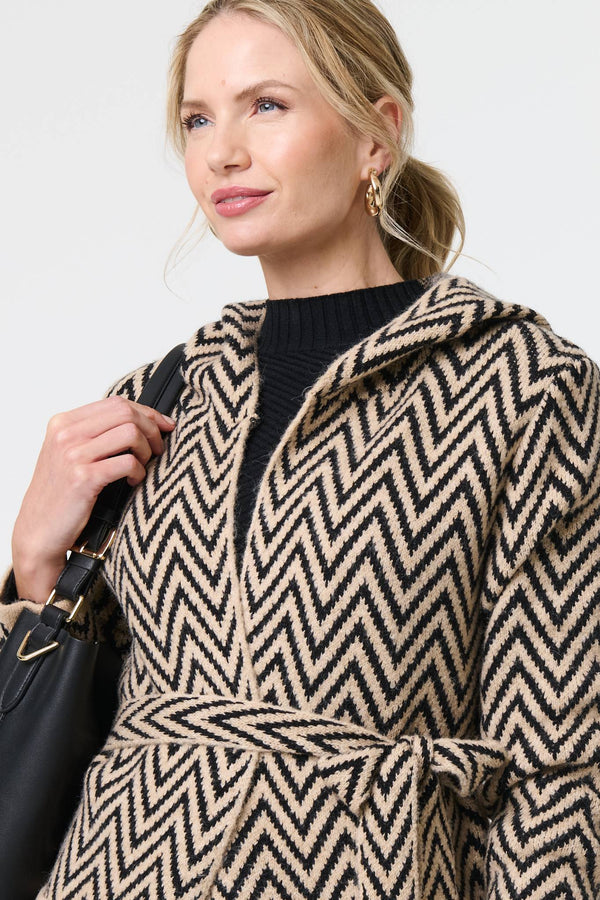 Beige | Chevron Print Tie Waist Hooded Coatigan
