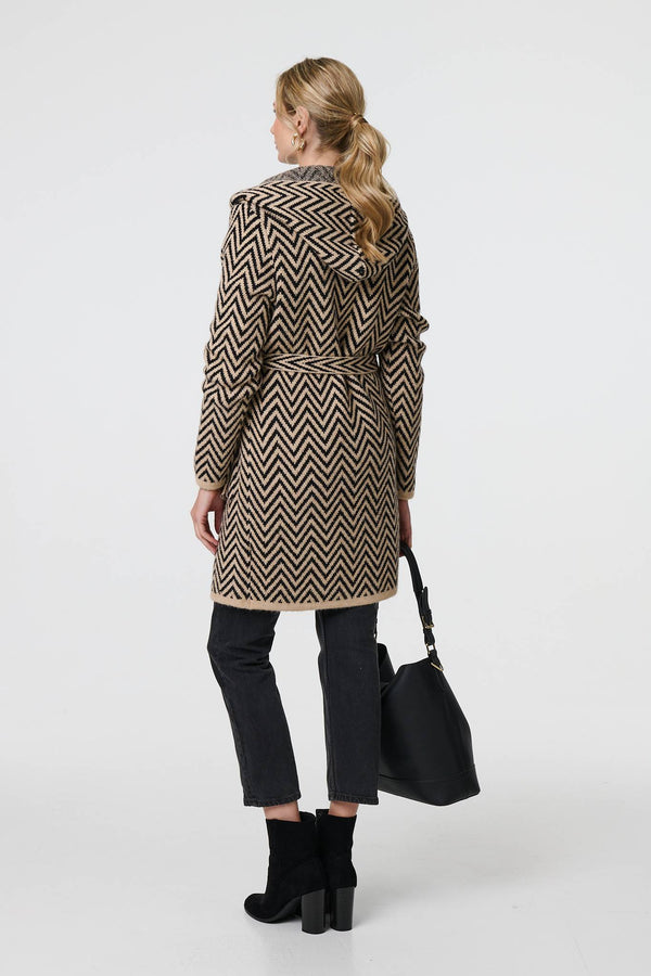 Beige | Chevron Print Tie Waist Hooded Coatigan
