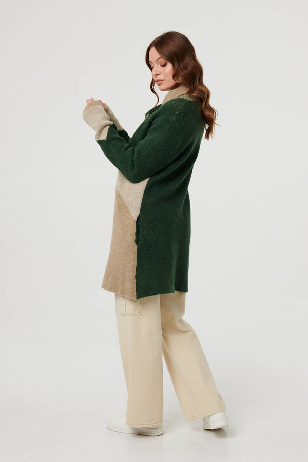 Green | Colour Block Textured Longline Coatigan
