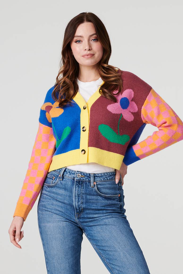 Yellow | Floral Colour Block Knit Cardigan