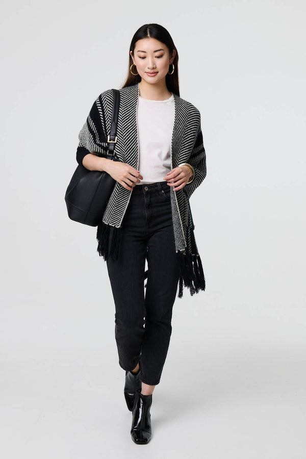 Black | Chevron Print Tassel Fringe Open Cardigan
