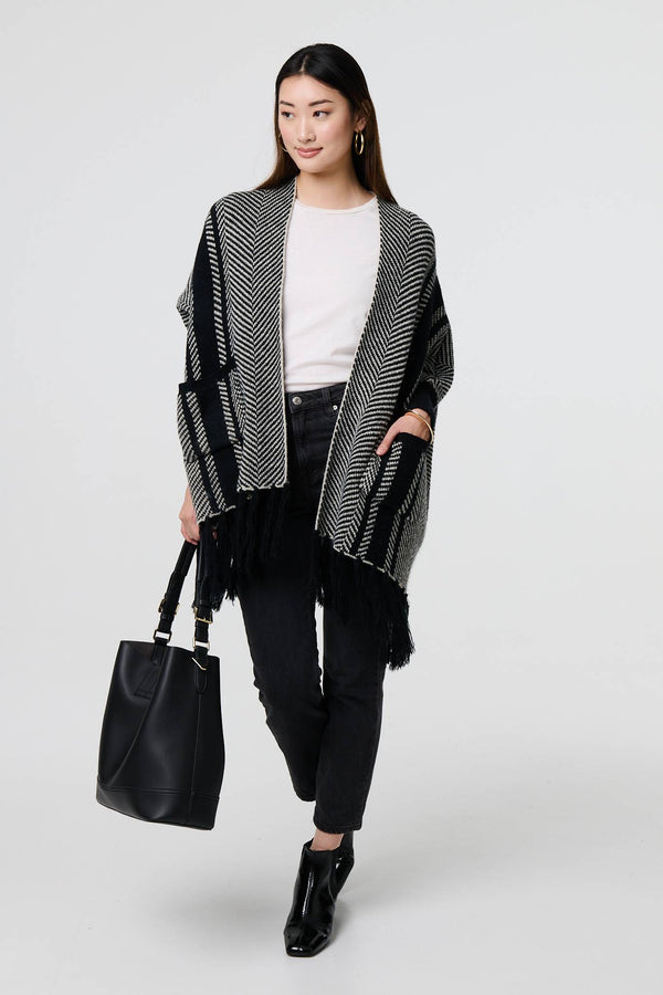 Black | Chevron Print Tassel Fringe Open Cardigan
