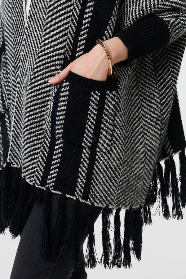 Black | Chevron Print Tassel Fringe Open Cardigan

