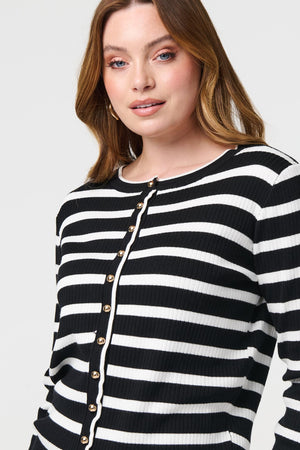 Black | Stripe Print Button-Up Knit Cardigan
