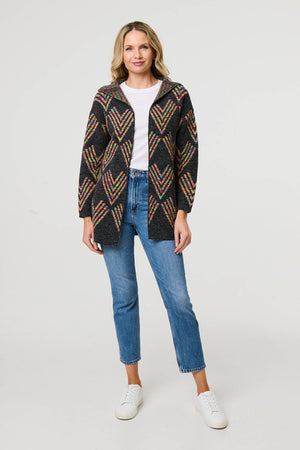 Grey | Abstract Print Longline Knitted Jacket
