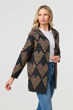 Grey | Abstract Print Longline Knitted Jacket
