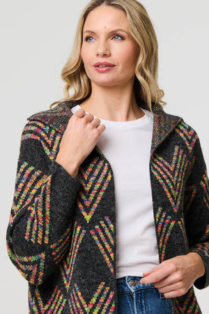 Grey | Abstract Print Longline Knitted Jacket
